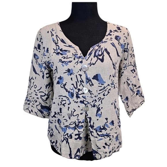 Luca Vanucci Linen Top Medium Beige Abstract Italian Minimalist Neutral V-Neck - Picture 1 of 12